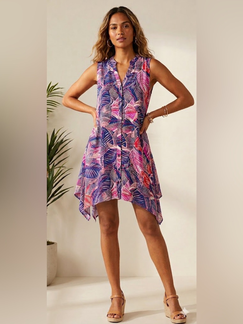 Tropical Print Button Down Lightweight Dress